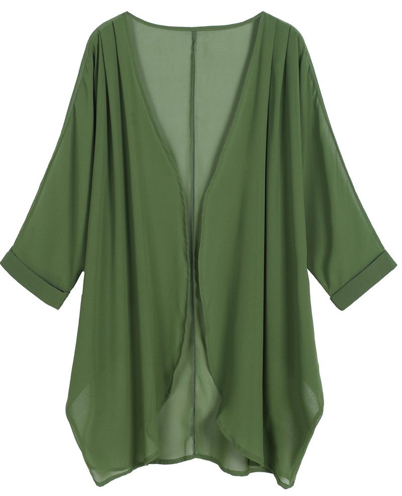 olrain Women's Floral Print Sheer Chiffon 3/4 Bat Sleeve Casual Loose Kimono Cardigan Capes (X-Large, Deep Green) - Image 1